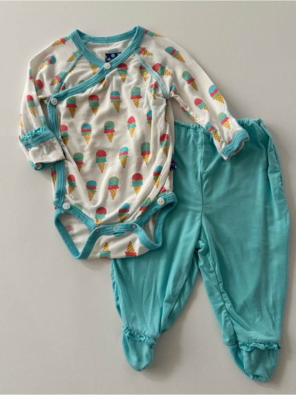 Kickee Pants 3-6 Months Baby Girl Teal Ice Cream Bodysuit Pants Set Outfit